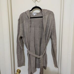 New York & Company Taupe Open-Front Hooded Cardigan